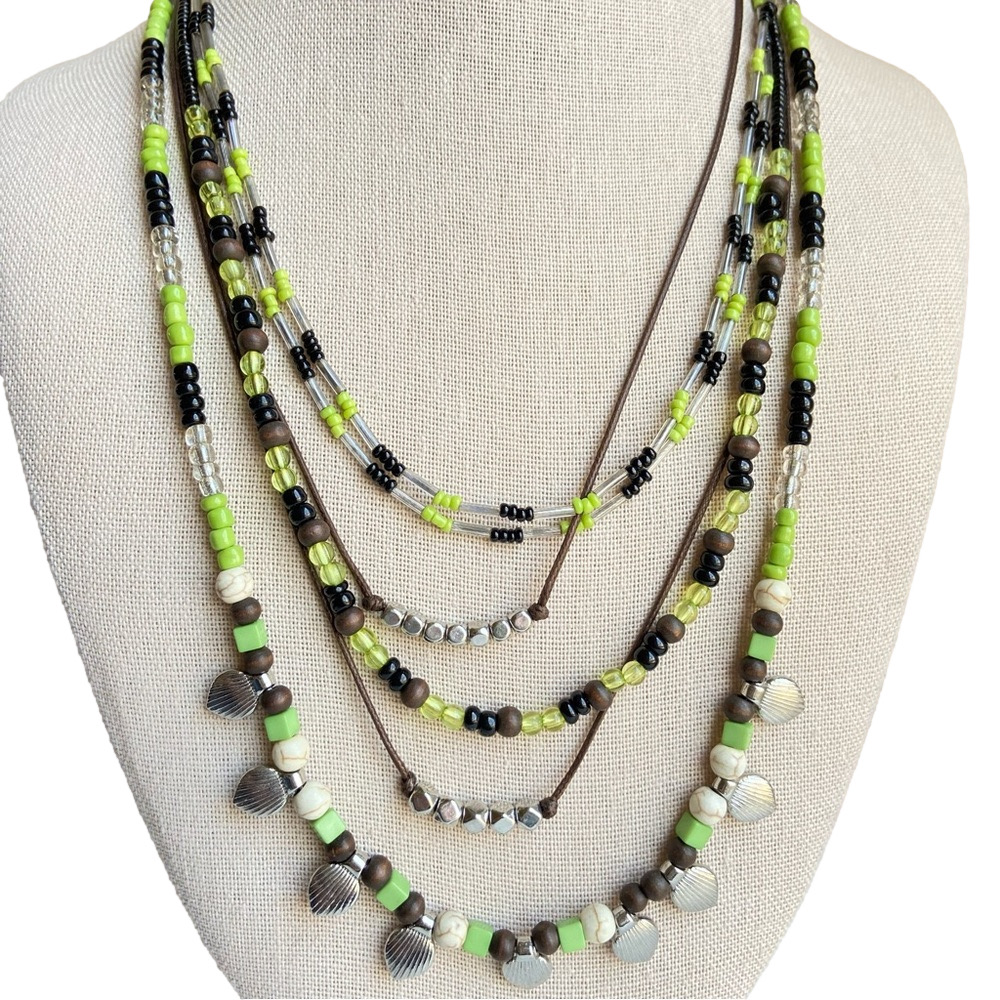 Cato C1946 beaded green brown black multi strand necklace in glass acrylic wood